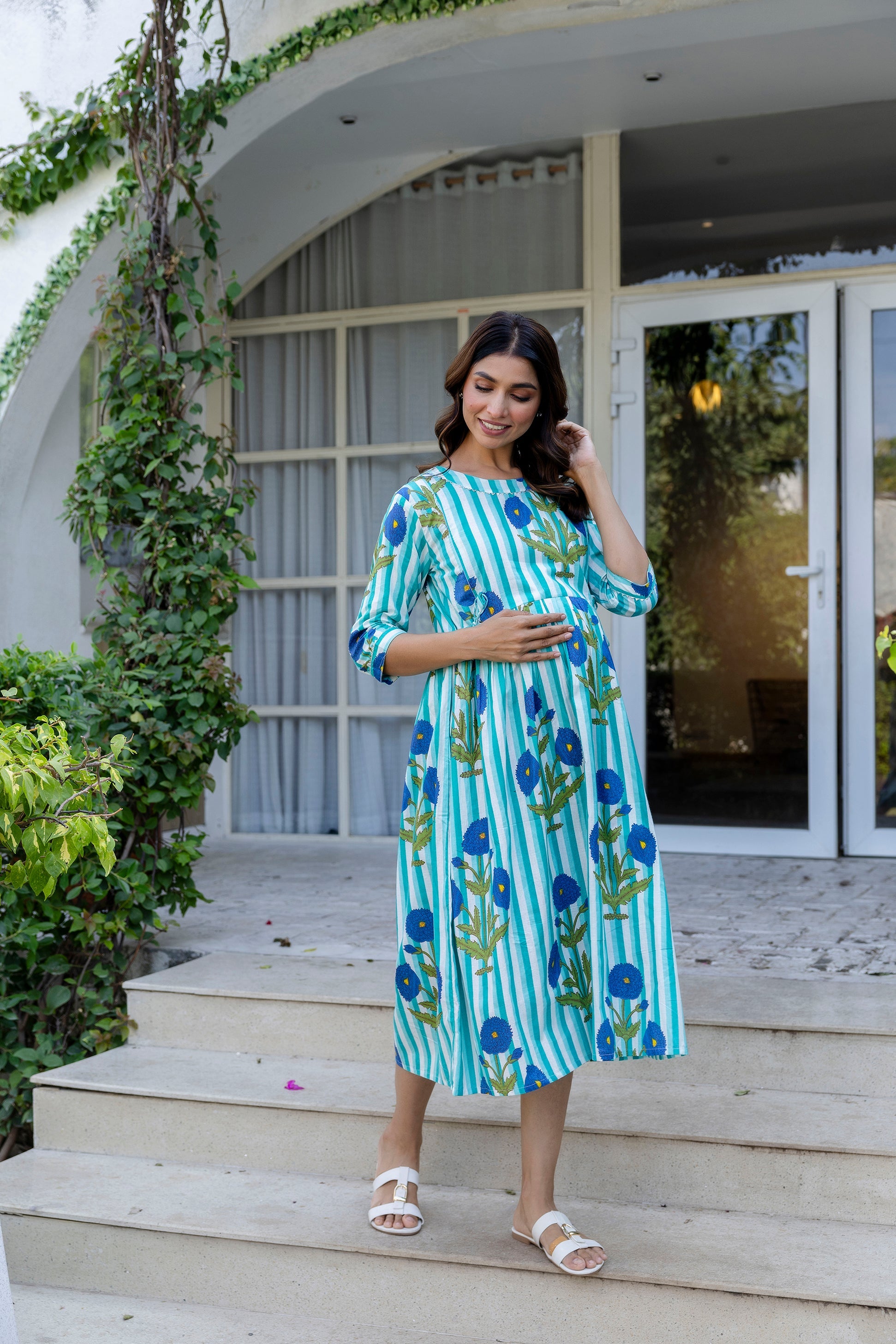 Aqua Stripe Floral Flared Maternity Gown - Me&My