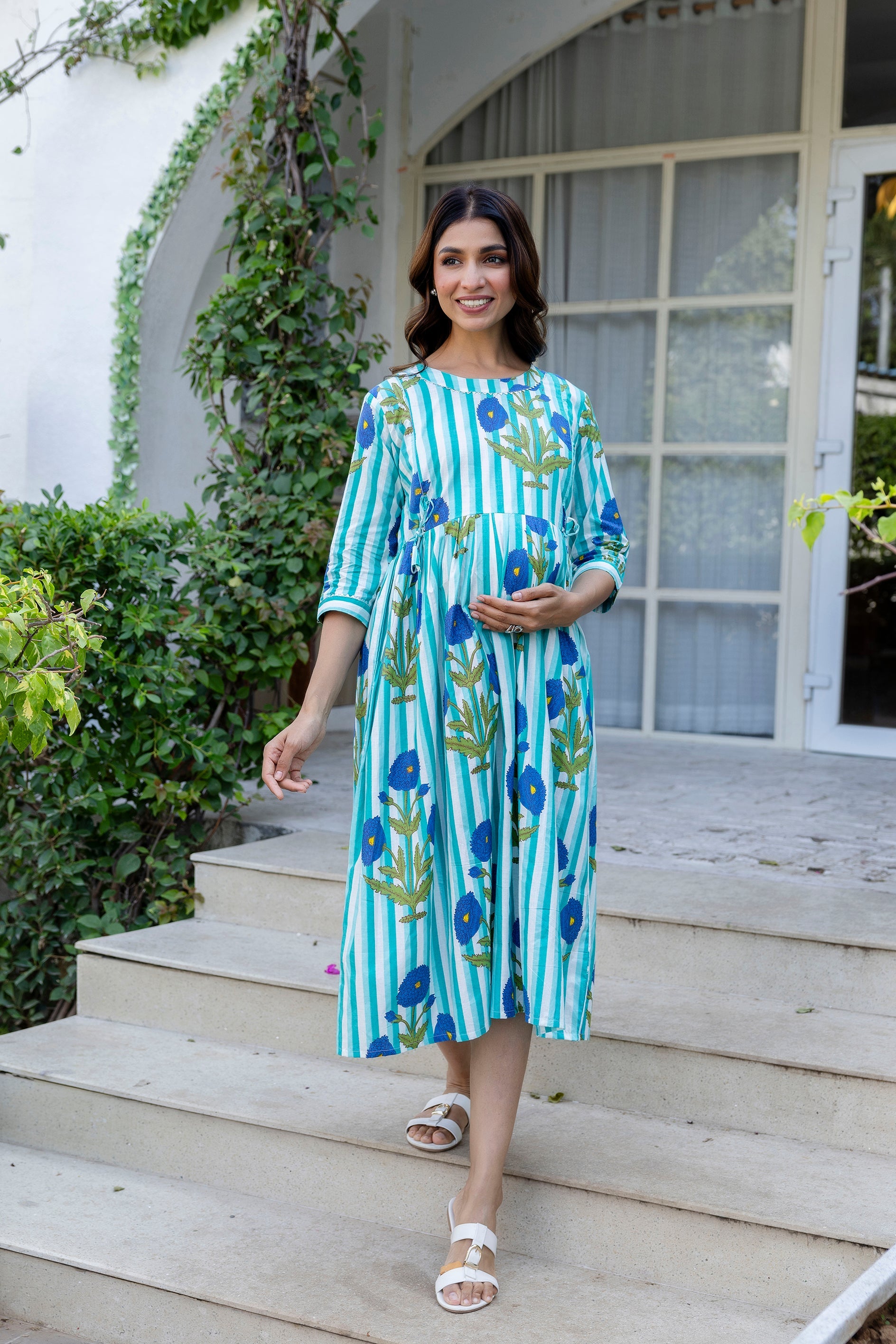 Aqua Stripe Floral Flared Maternity Gown - Me&My