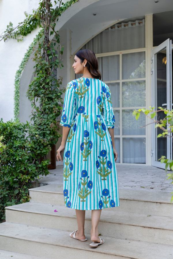 Aqua Stripe Floral Flared Maternity Gown
