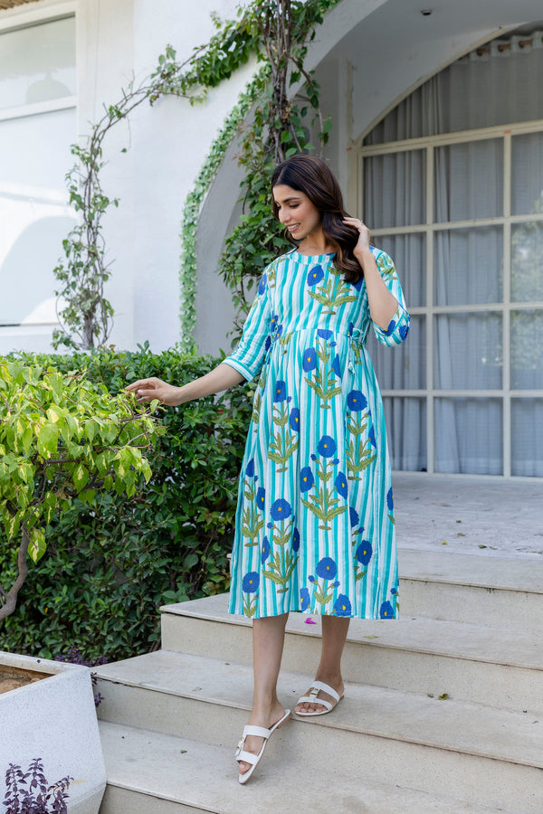 Aqua Stripe Floral Flared Maternity Gown