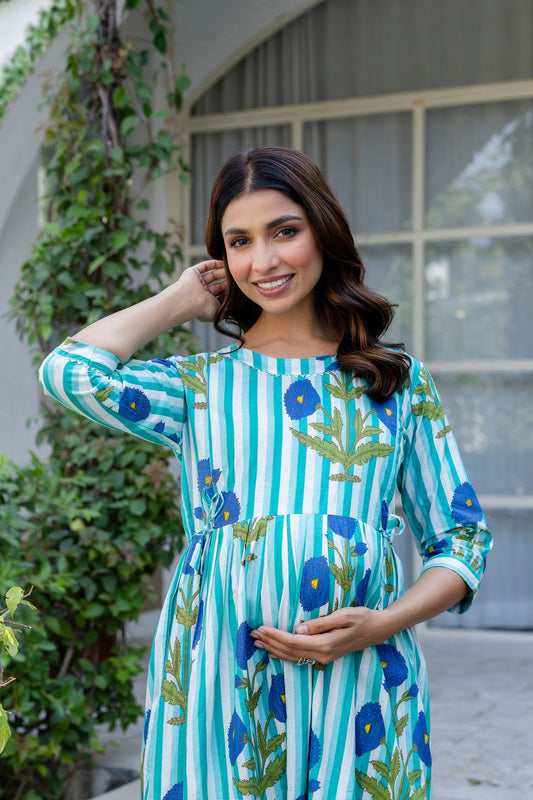 Aqua Stripe Floral Flared Maternity Gown - Me&My