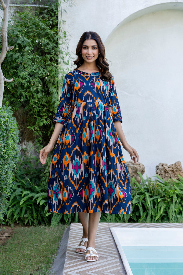 Sapphire Ikat Flared Maternity Gown