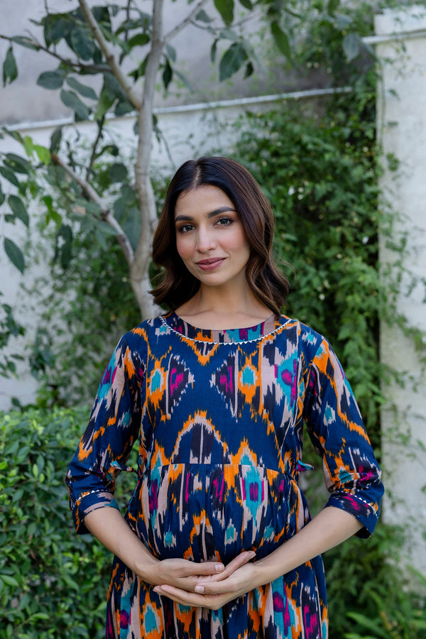Sapphire Ikat Flared Maternity Gown