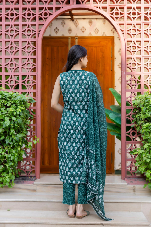 Emerald Garden Cotton Printed Kurta Set with Dupatta