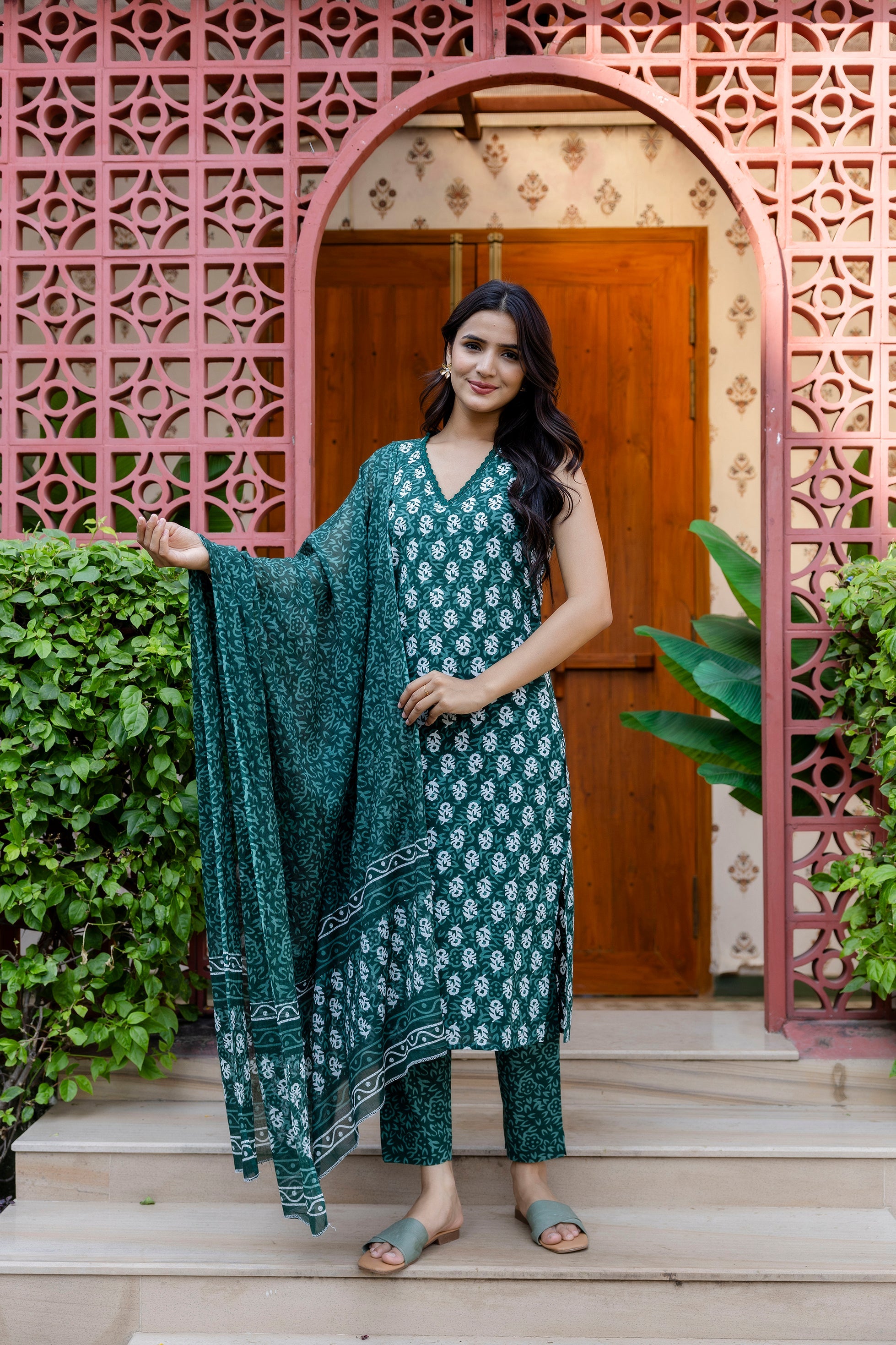 Emerald Garden Cotton Printed Kurta Set with Dupatta - Me&My