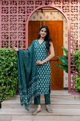 Emerald Garden Cotton Printed Kurta Set with Dupatta - Me&My