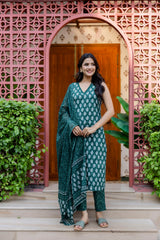 Emerald Garden Cotton Printed Kurta Set with Dupatta - Me&My