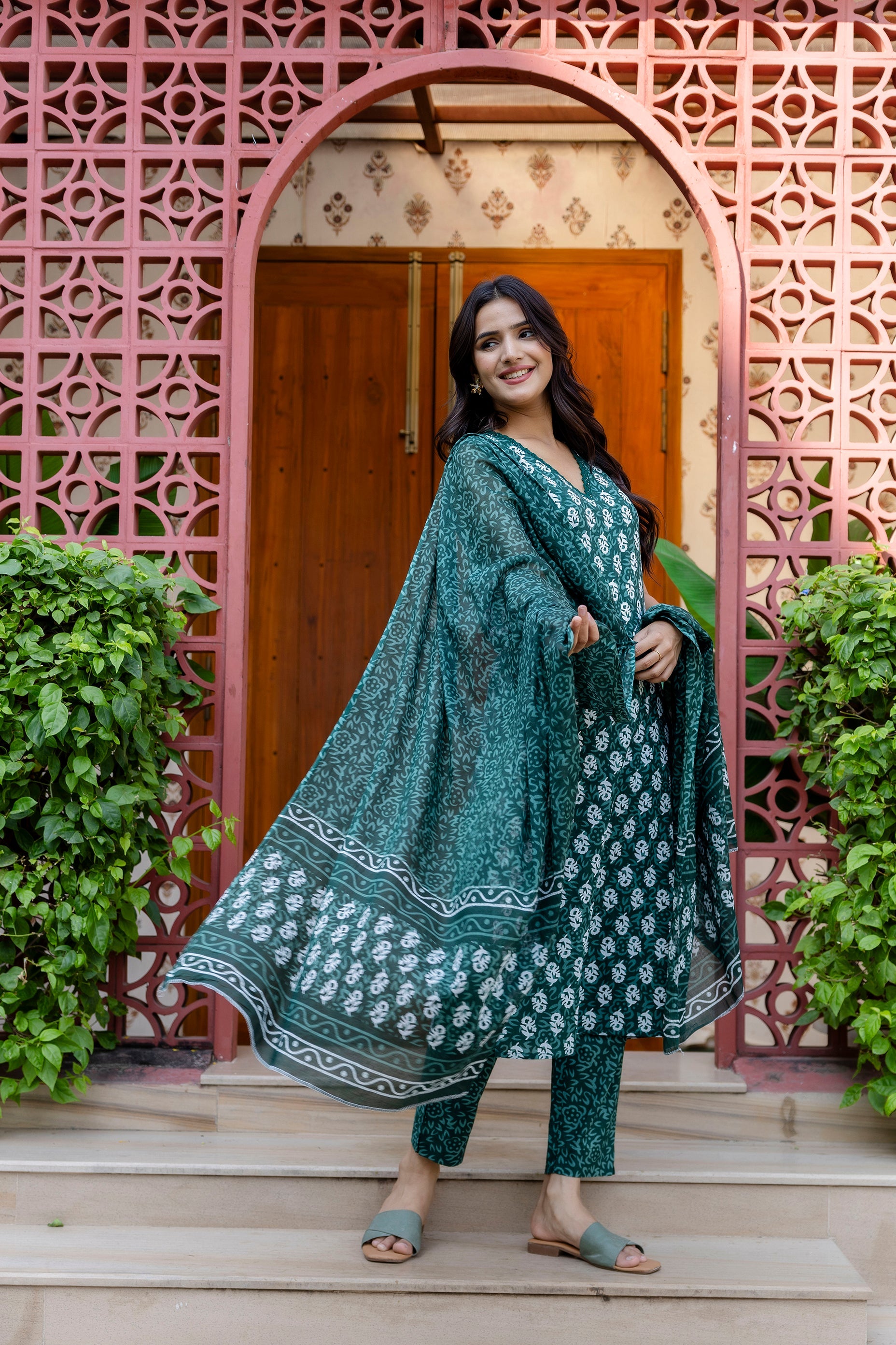 Emerald Garden Cotton Printed Kurta Set with Dupatta - Me&My