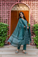 Emerald Garden Cotton Printed Kurta Set with Dupatta - Me&My
