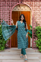 Emerald Garden Cotton Printed Kurta Set with Dupatta - Me&My