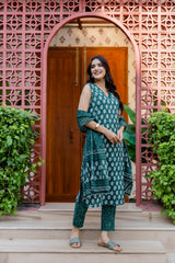Emerald Garden Cotton Printed Kurta Set with Dupatta - Me&My