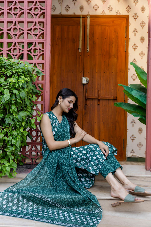 Emerald Garden Cotton Printed Kurta Set with Dupatta