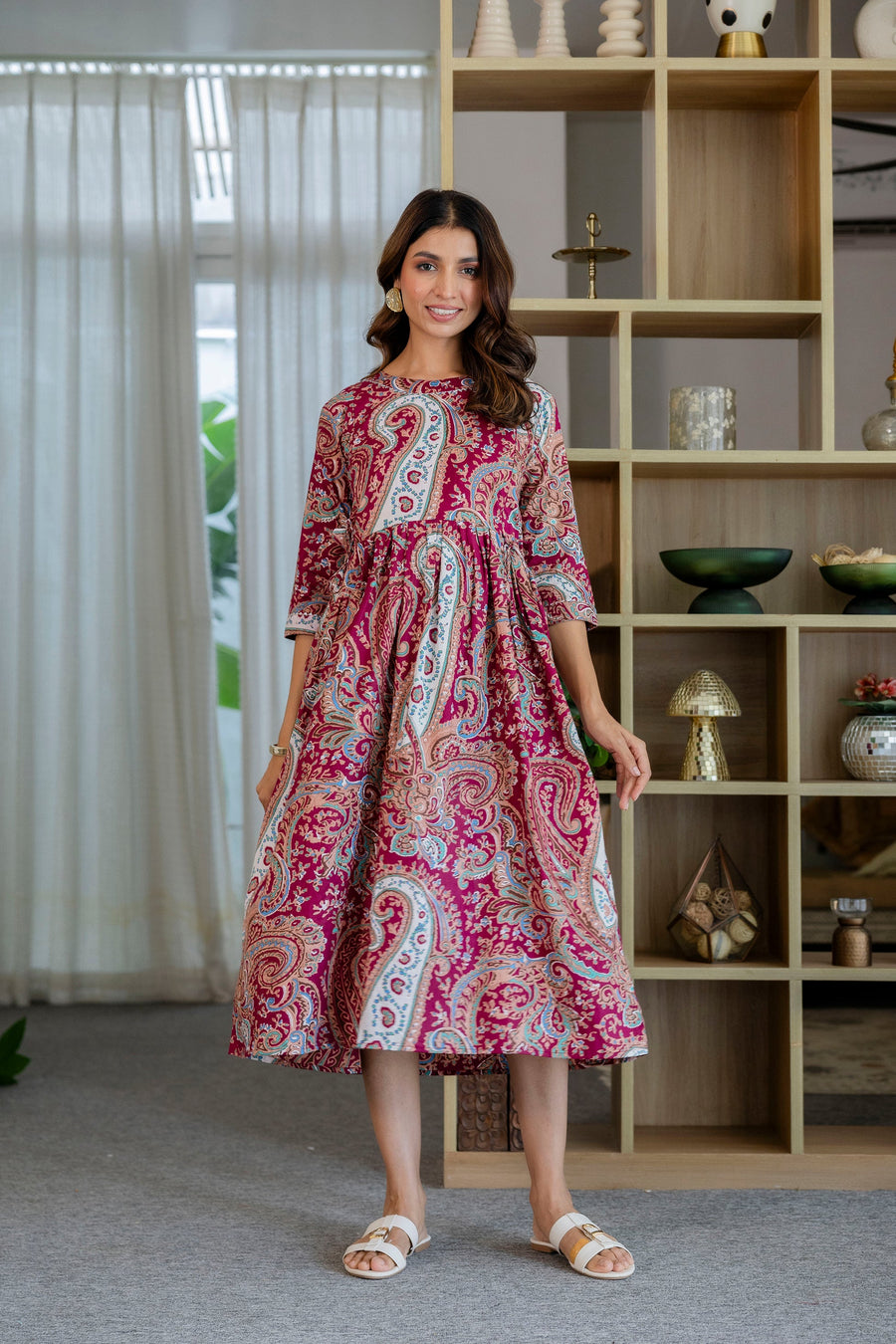 Burgundy Paisley Flared Maternity Gown — image 7