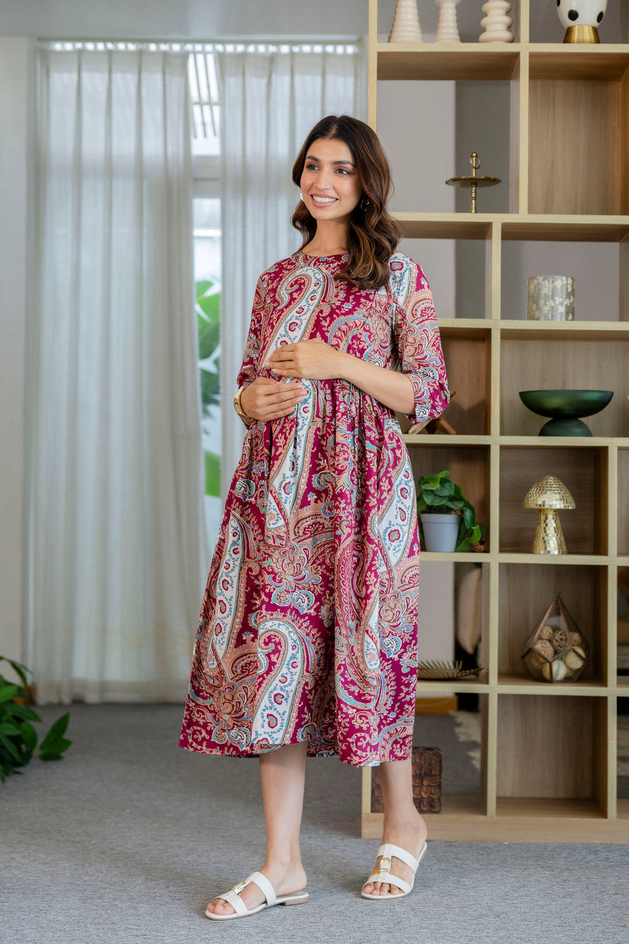 Burgundy Paisley Flared Maternity Gown — image 9