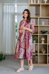 Burgundy Paisley Flared Maternity Gown - Me&My