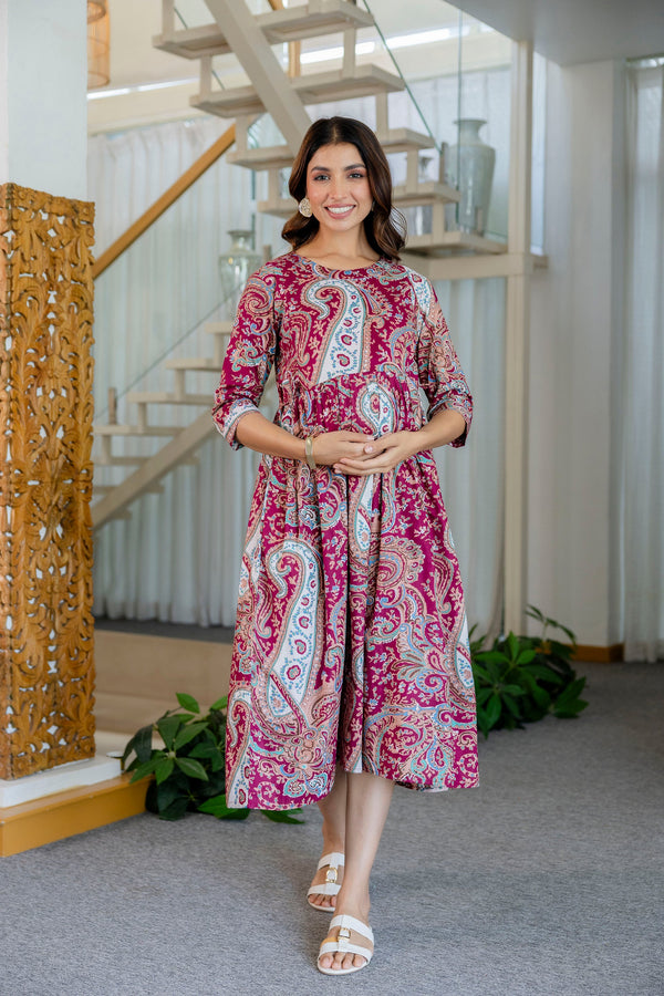 Burgundy Paisley Flared Maternity Gown