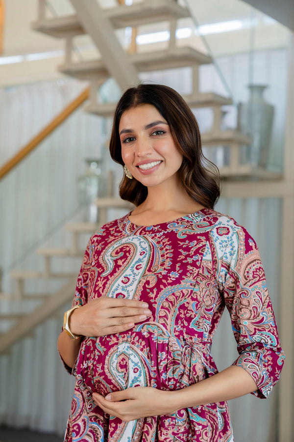 Burgundy Paisley Flared Maternity Gown