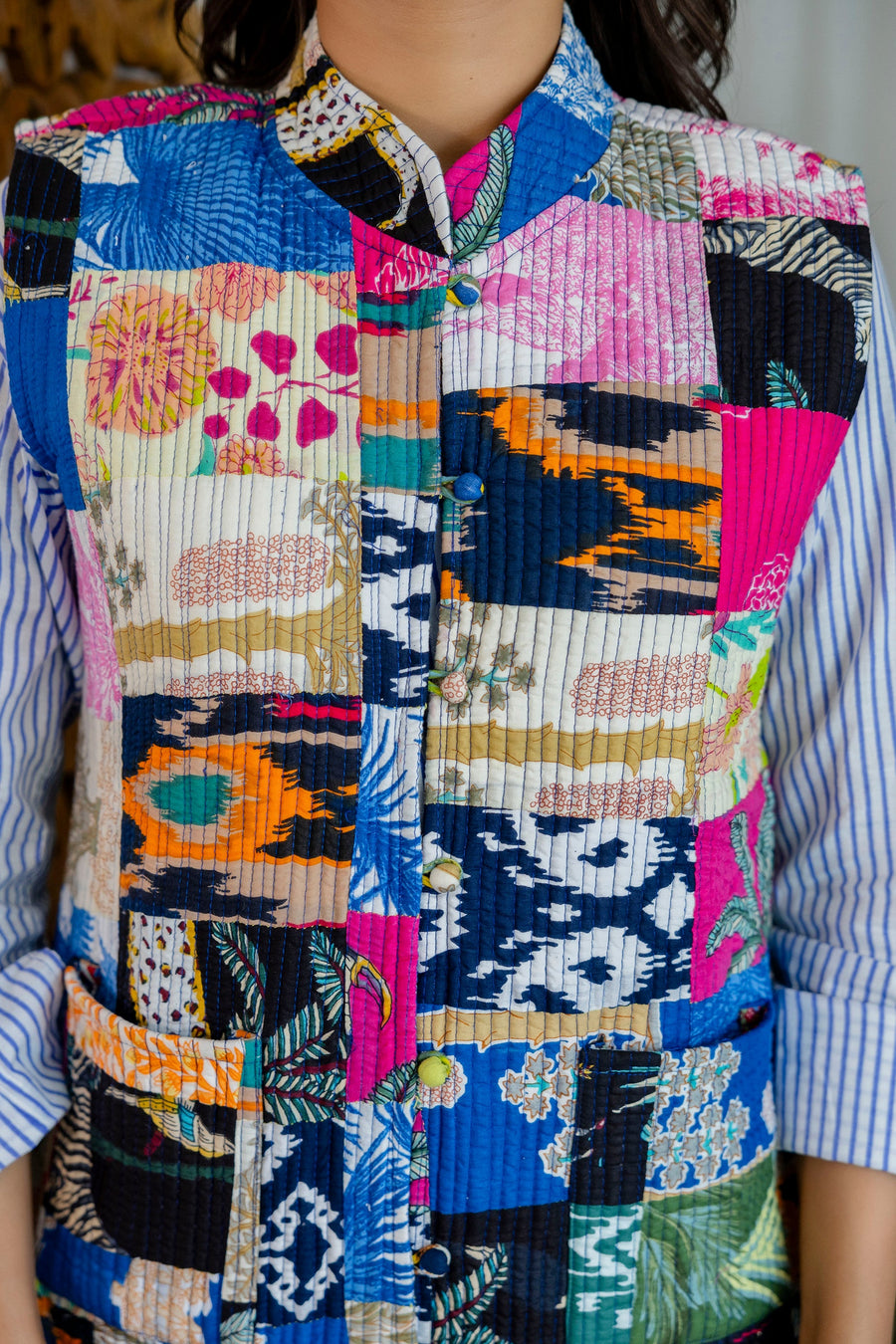 Artisan Patchwork Reversible Kantha Quilted Jacket Vest — image 3