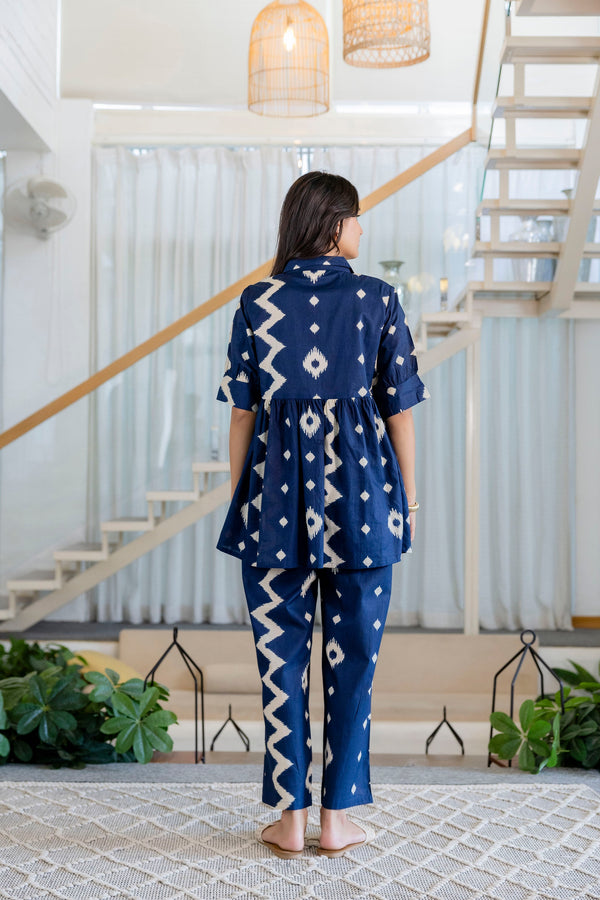 Indigo Ikat Peplum Style Cotton Co-ord Set