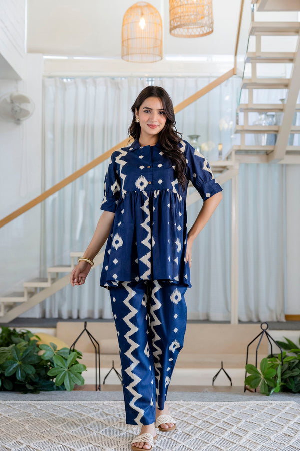 Indigo Ikat Peplum Style Cotton Co-ord Set