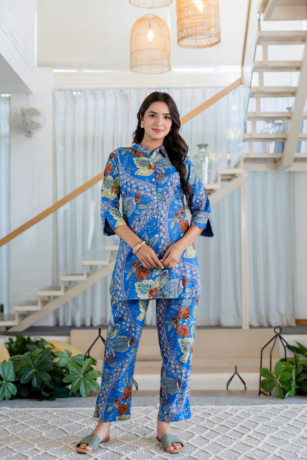Azure Paisley Shirt Style Cotton Co-ord Set