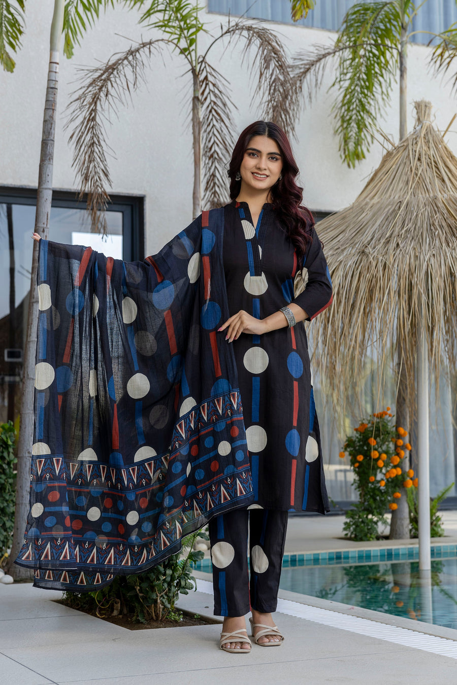 Black Cosmic Polka Stripe Cotton Suit Set — image 8
