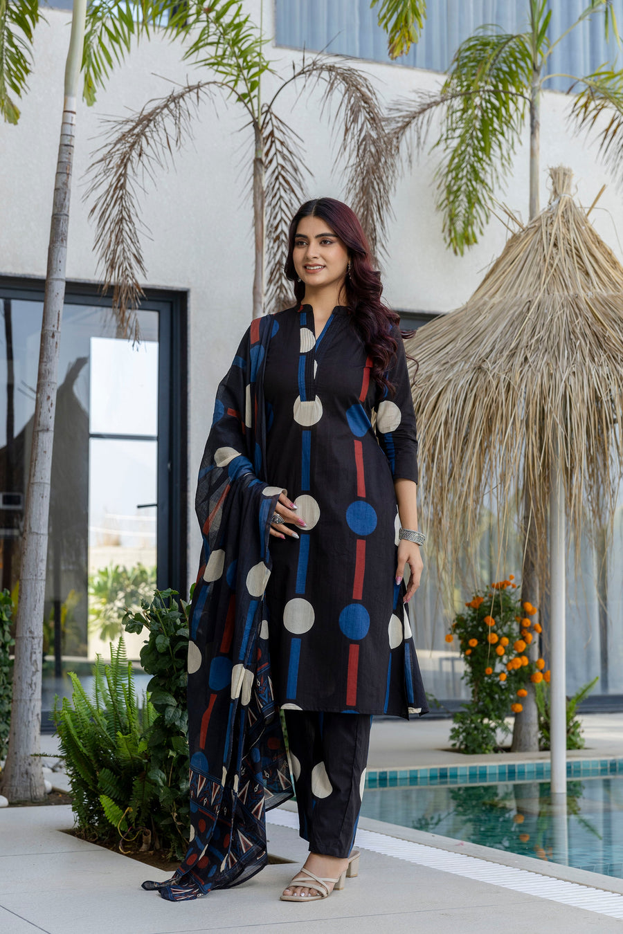 Black Cosmic Polka Stripe Cotton Suit Set — image 5