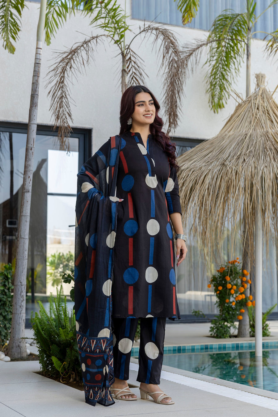 Black Cosmic Polka Stripe Cotton Suit Set — image 9