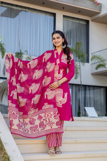 Magenta Folk Motif Cotton Suit Set with Dupatta