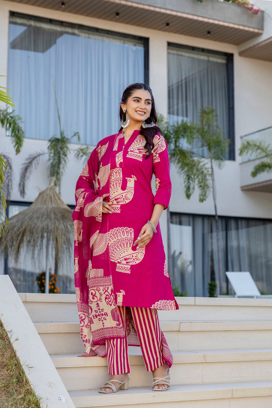 Magenta Folk Motif Cotton Suit Set with Dupatta — image 7