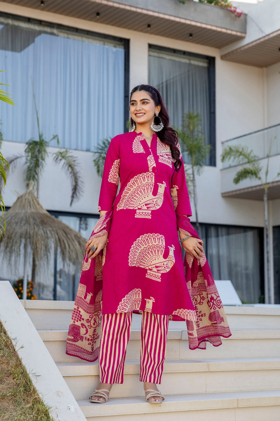Magenta Folk Motif Cotton Suit Set with Dupatta — image 5