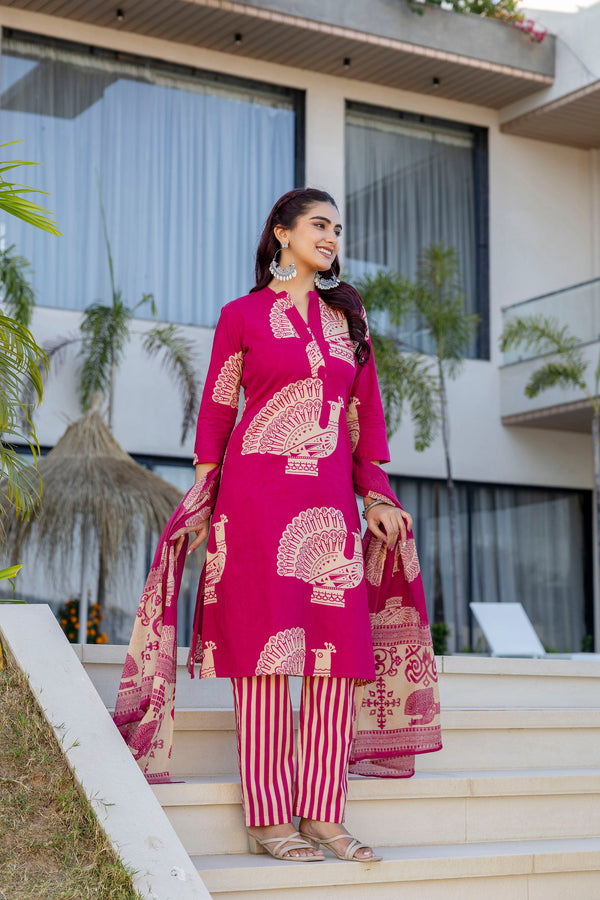 Magenta Folk Motif Cotton Suit Set with Dupatta