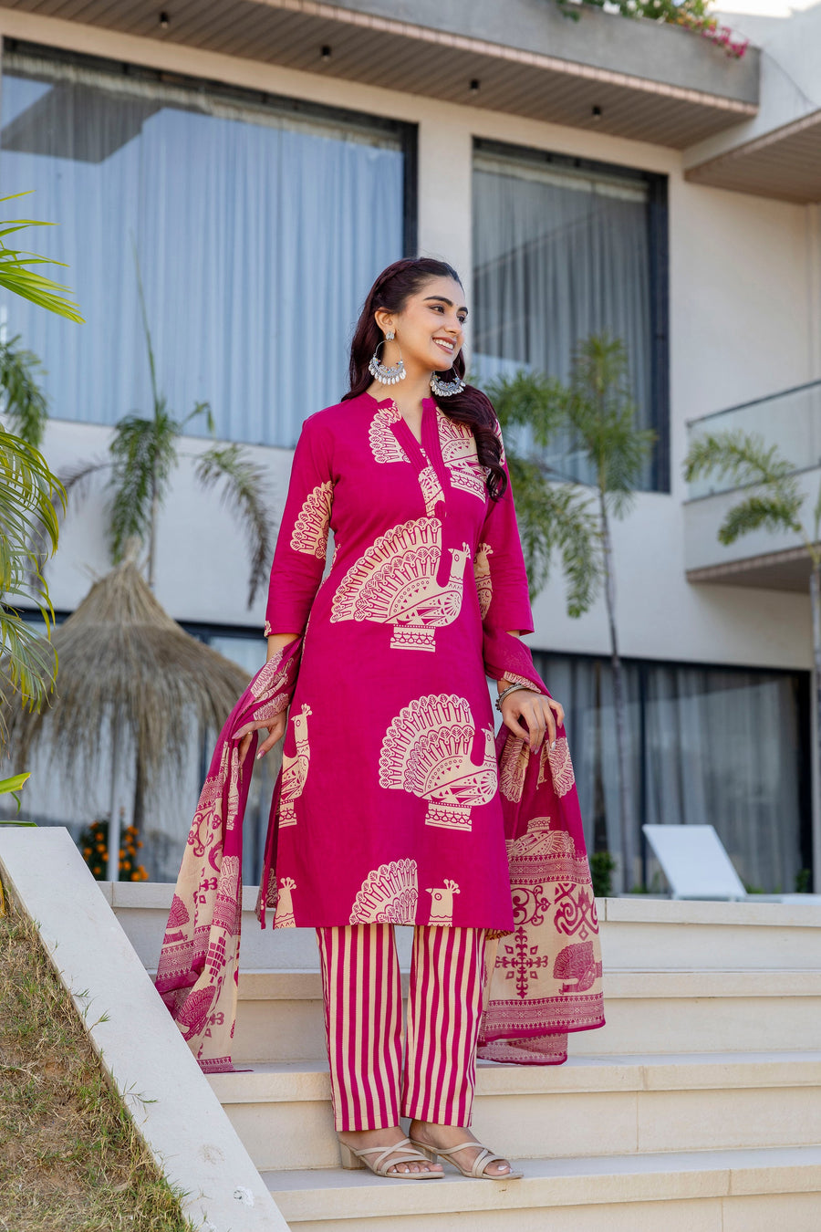 Magenta Folk Motif Cotton Suit Set with Dupatta — image 2