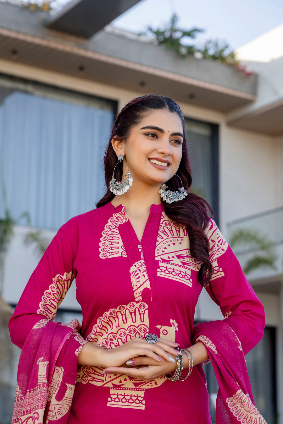 Magenta Folk Motif Cotton Suit Set with Dupatta — image 6