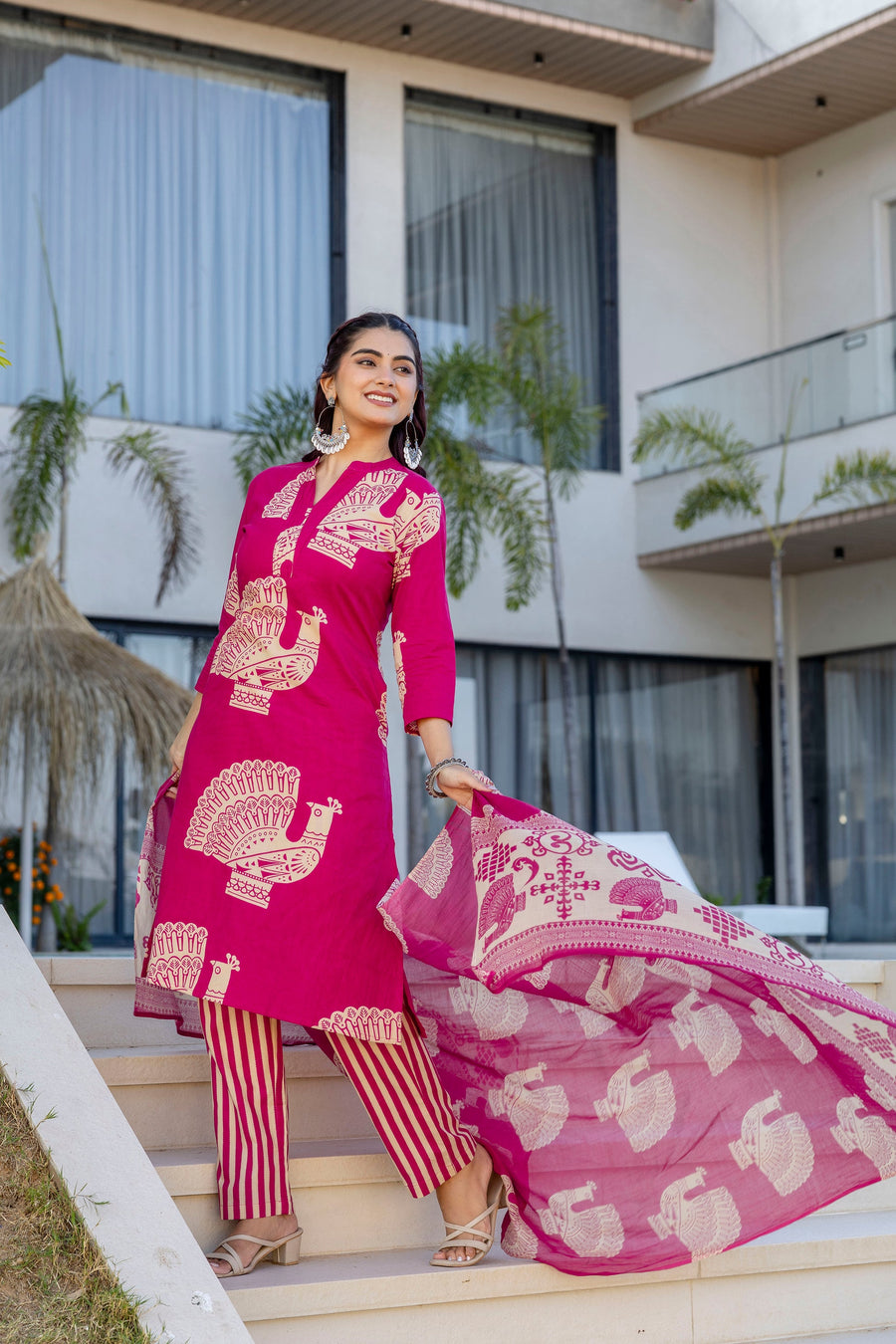 Magenta Folk Motif Cotton Suit Set with Dupatta — image 4