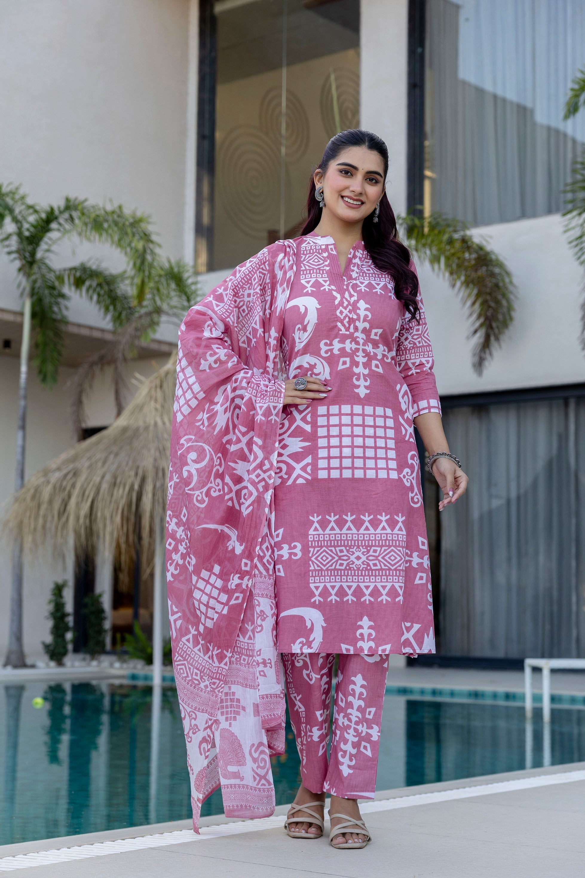 Rose Mosaic Cotton 3-Piece Suit Set Ð Pink - Me&My