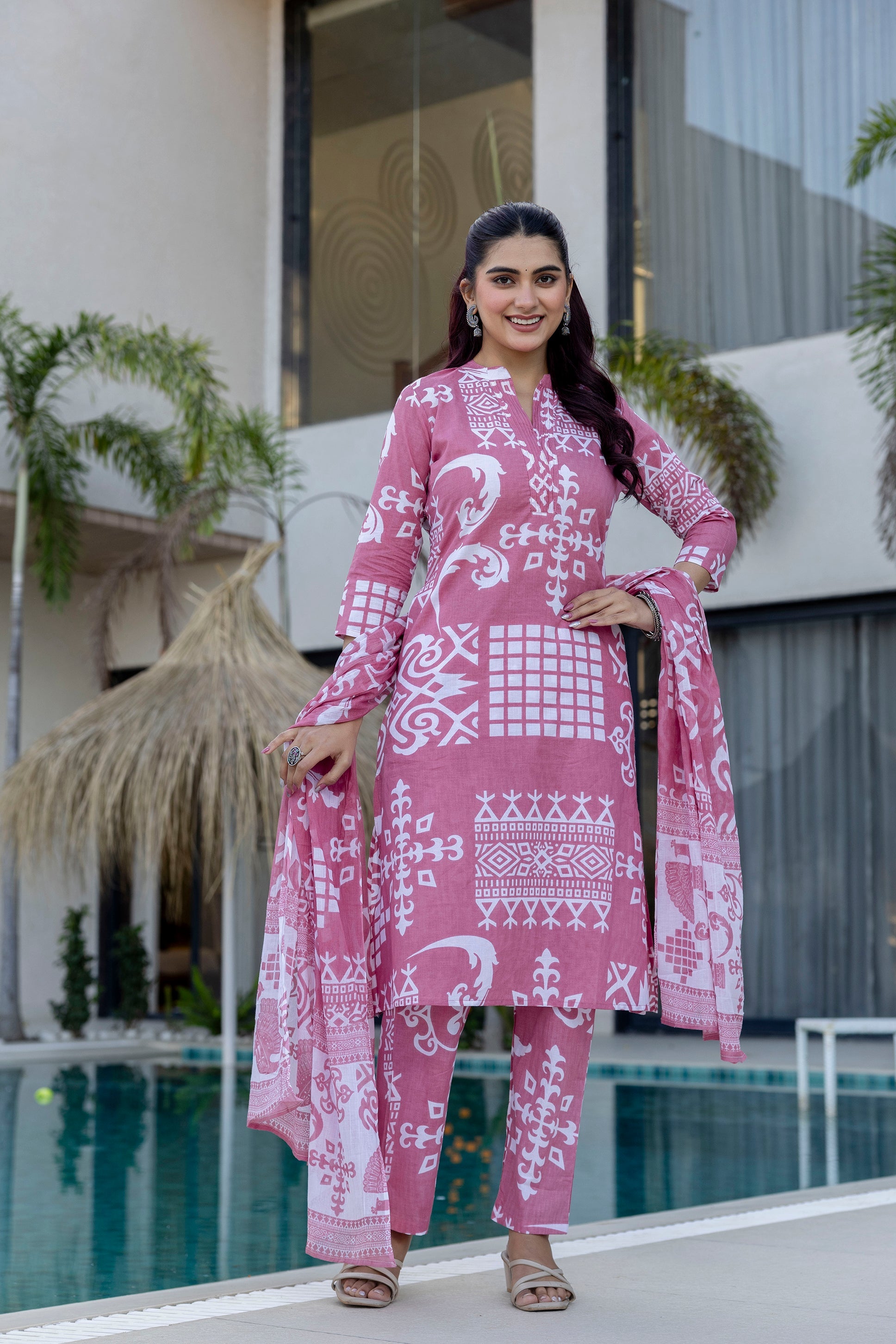 Rose Mosaic Cotton 3-Piece Suit Set Ð Pink - Me&My