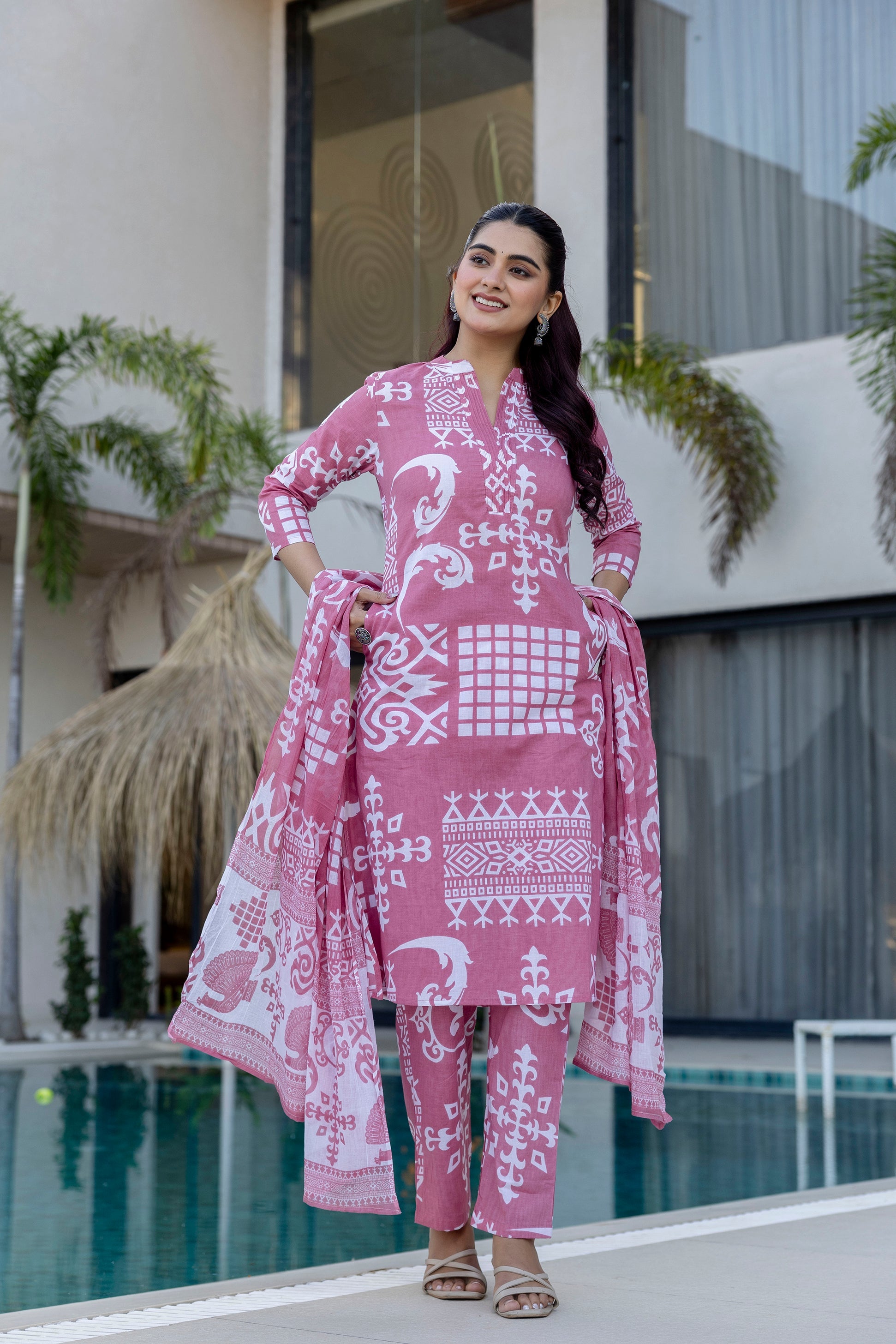 Rose Mosaic Cotton 3-Piece Suit Set Ð Pink - Me&My