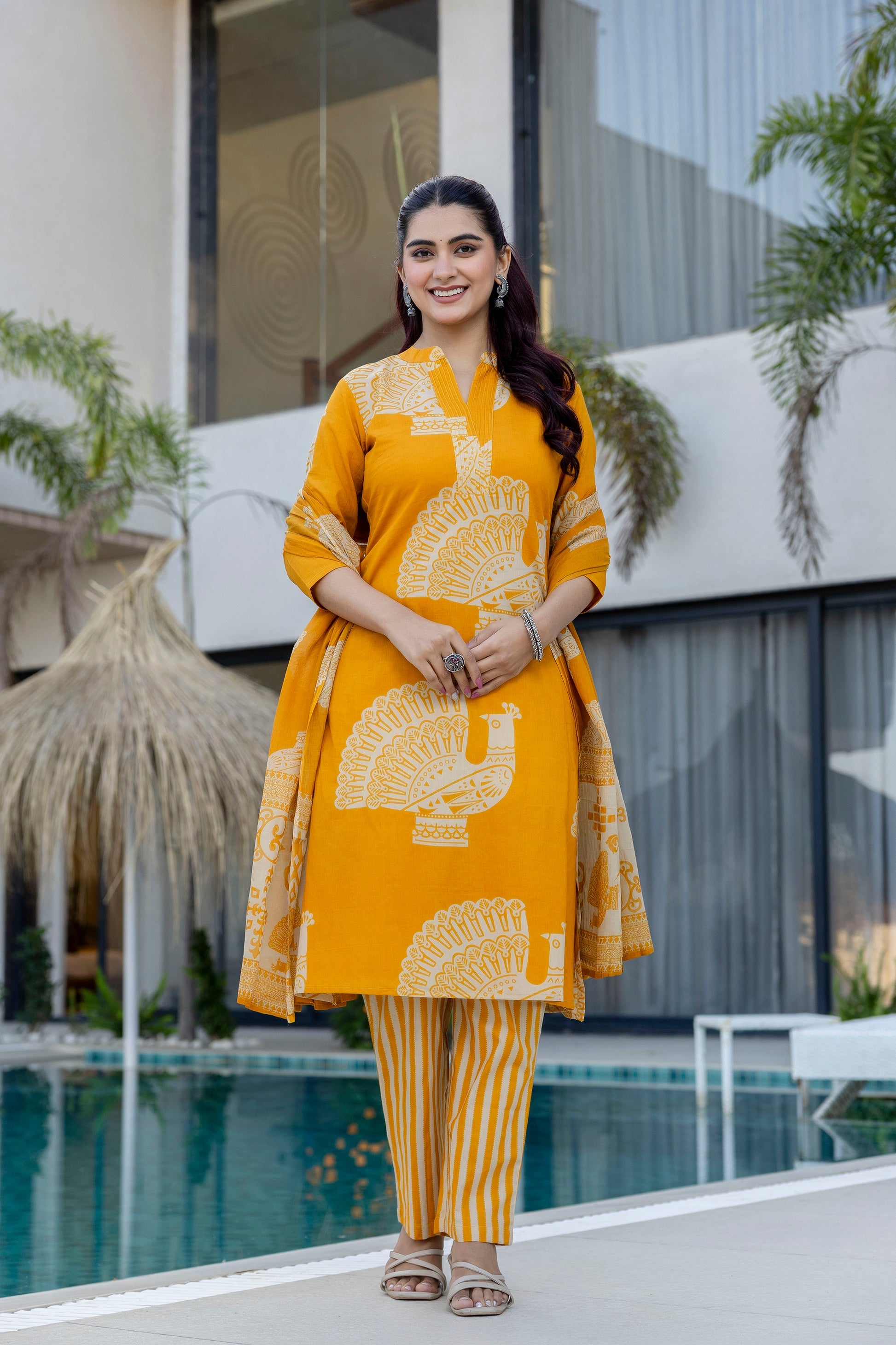 Sunlit Mustard Cotton Suit Set with Striped Pant & Dupatta - Me&My