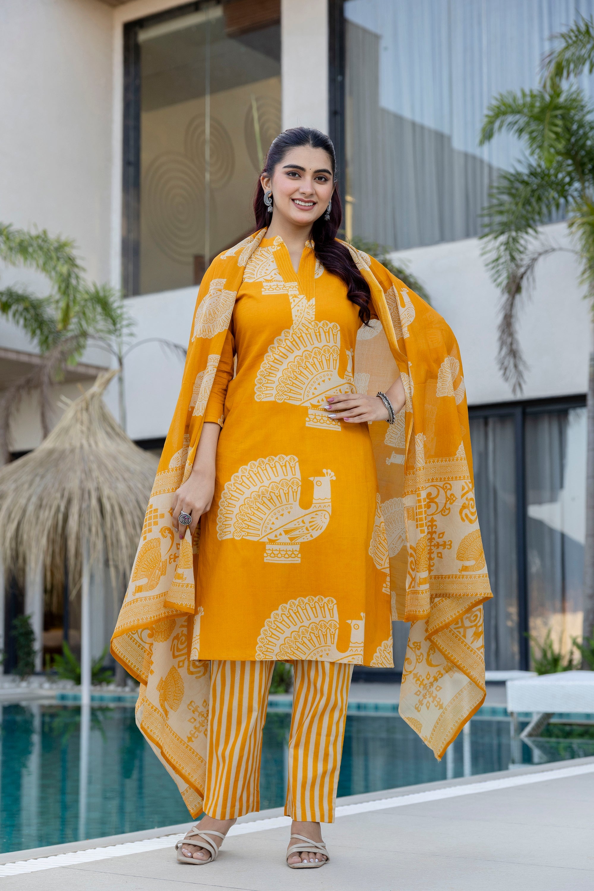 Sunlit Mustard Cotton Suit Set with Striped Pant & Dupatta - Me&My