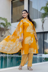 Sunlit Mustard Cotton Suit Set with Striped Pant & Dupatta - Me&My