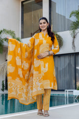 Sunlit Mustard Cotton Suit Set with Striped Pant & Dupatta - Me&My