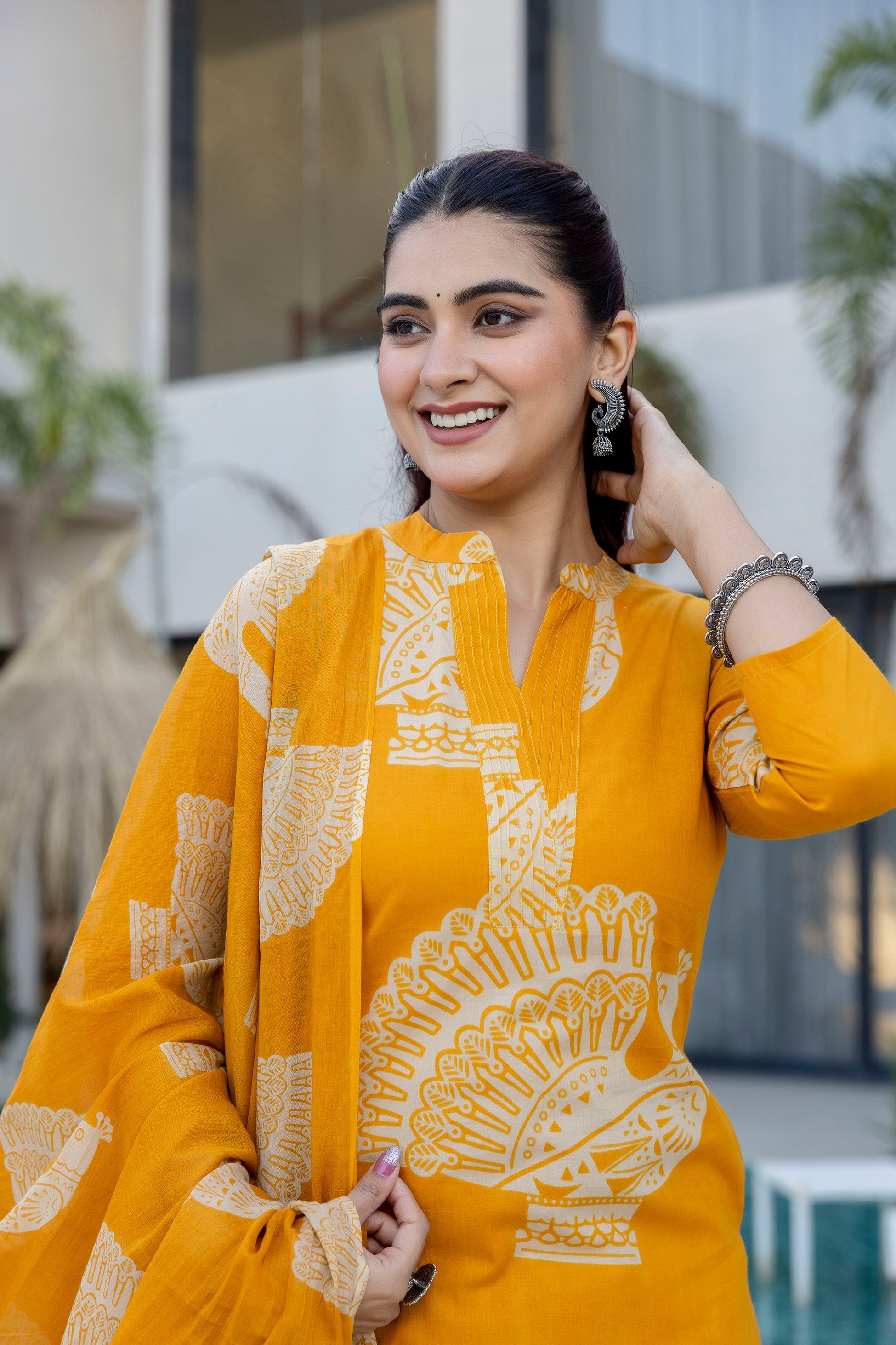 Sunlit Mustard Cotton Suit Set with Striped Pant & Dupatta - Me&My