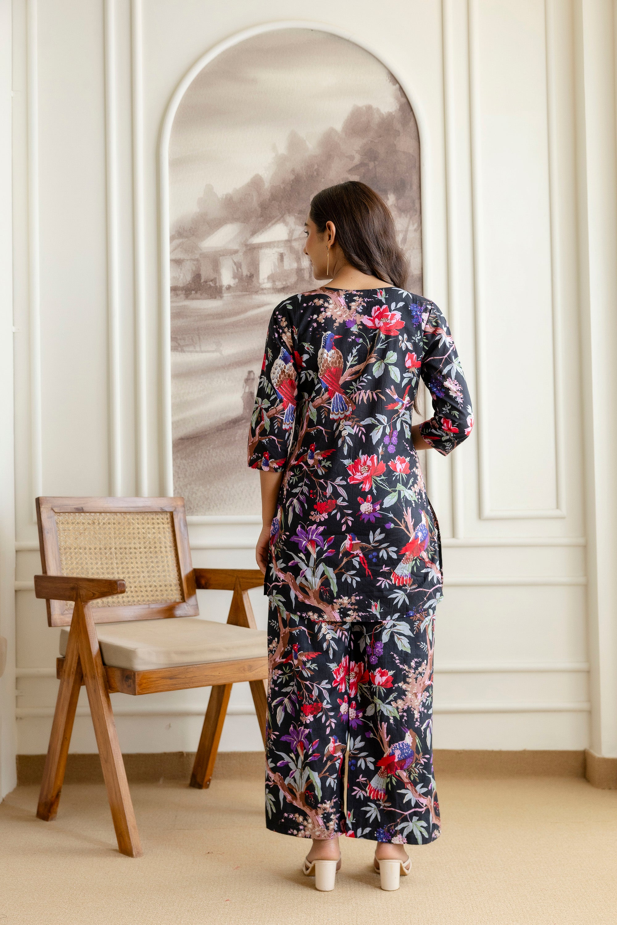 Elegant Black Cotton Botanical Co-ord Set