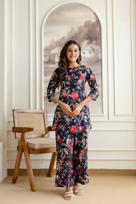 Elegant Black Cotton Botanical Co-ord Set - Me&My