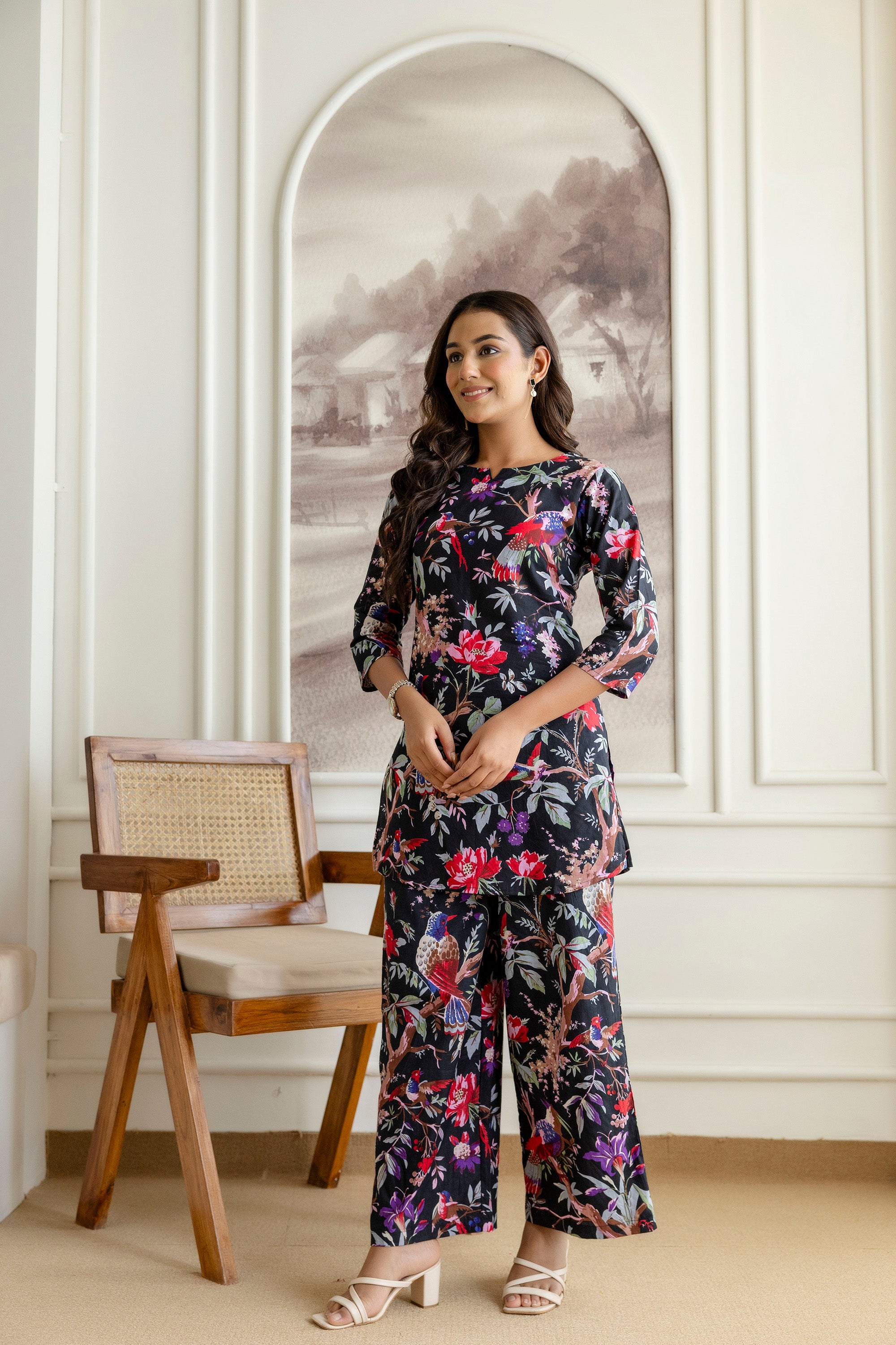 Elegant Black Cotton Botanical Co-ord Set