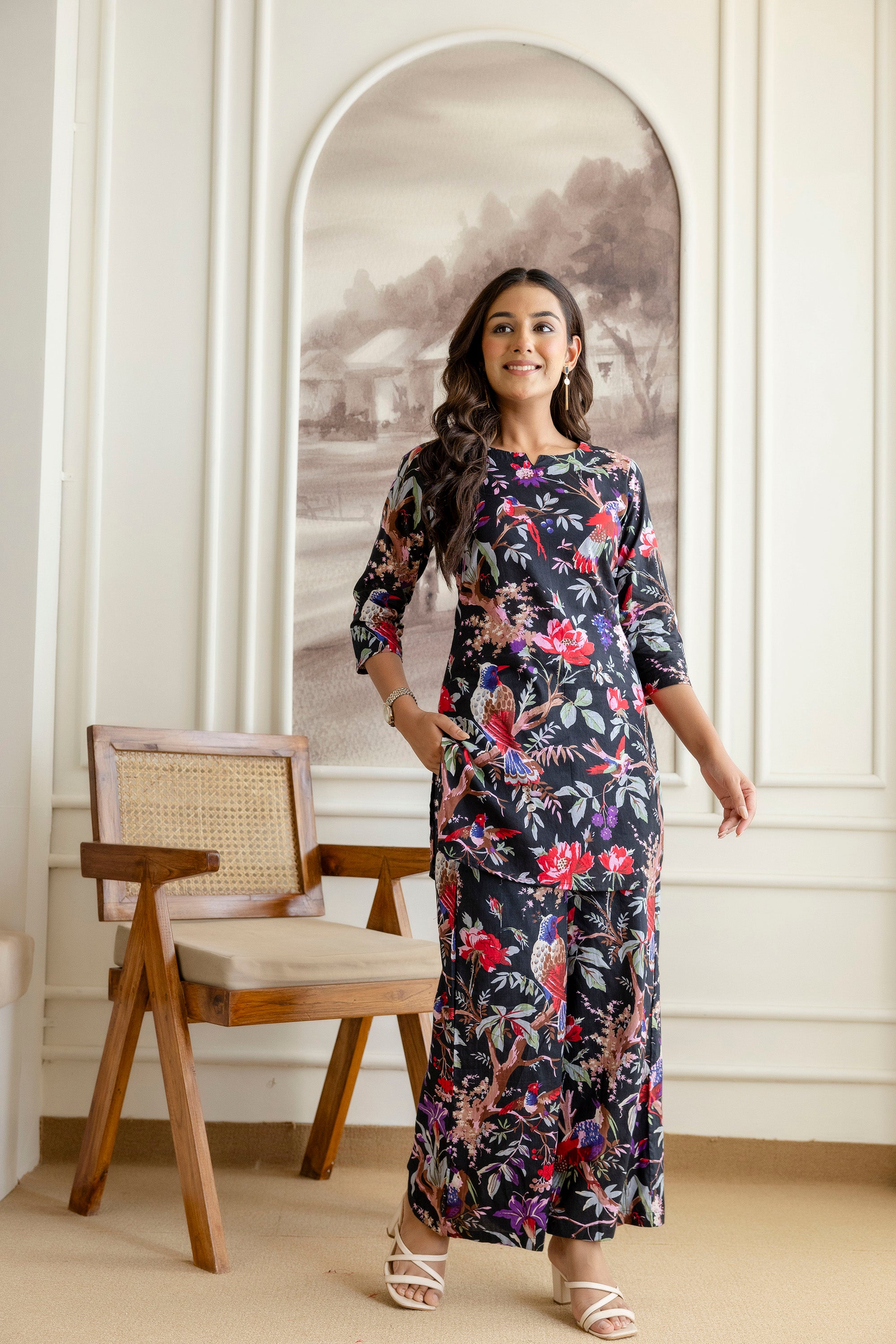 Elegant Black Cotton Botanical Co-ord Set