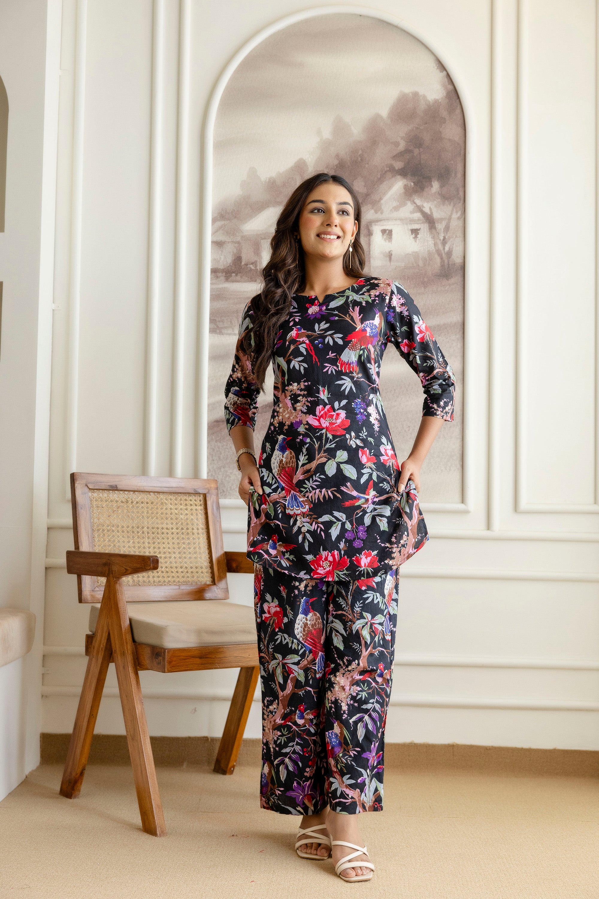 Elegant Black Cotton Botanical Co-ord Set