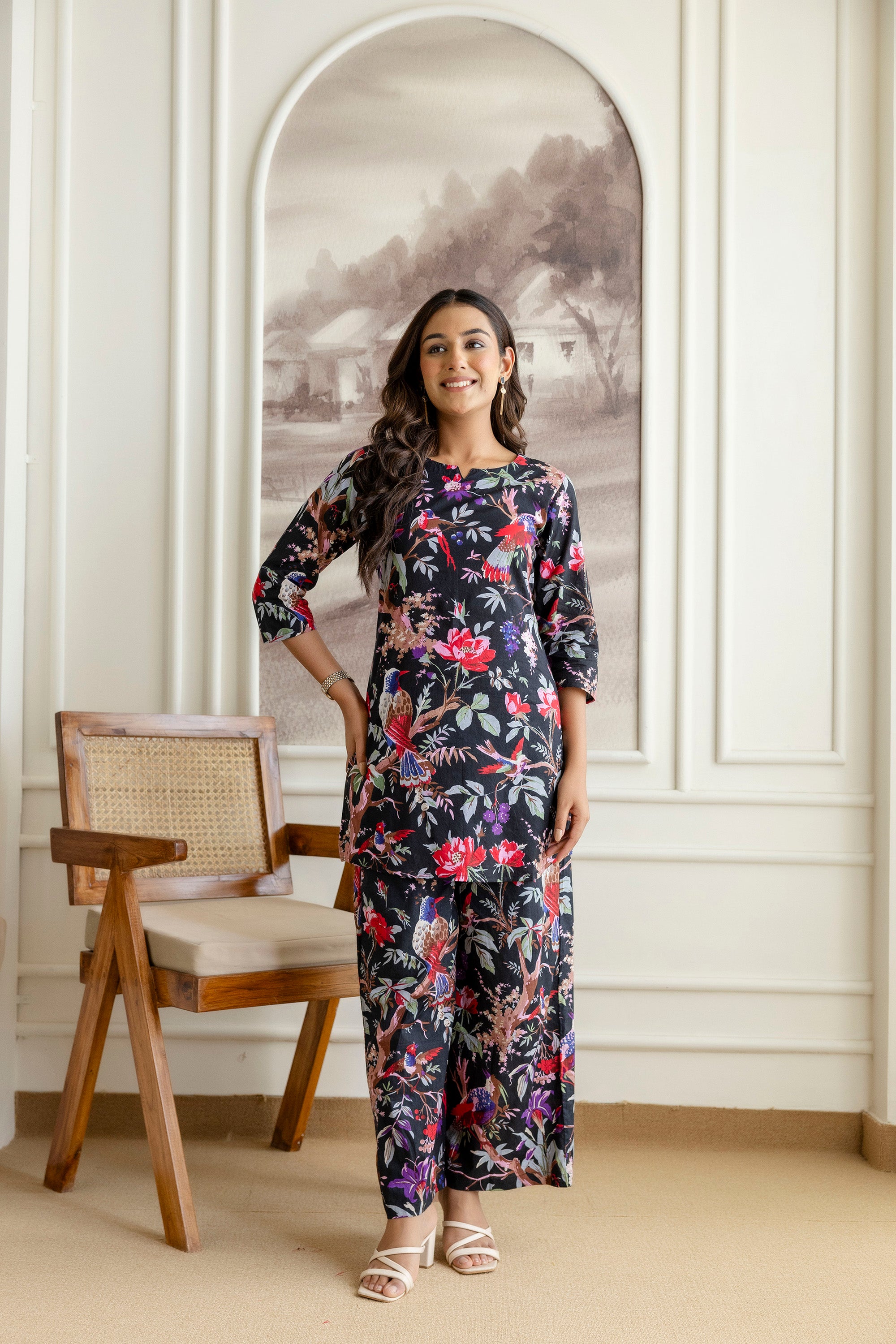 Elegant Black Cotton Botanical Co-ord Set