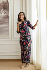 Elegant Black Cotton Botanical Co-ord Set